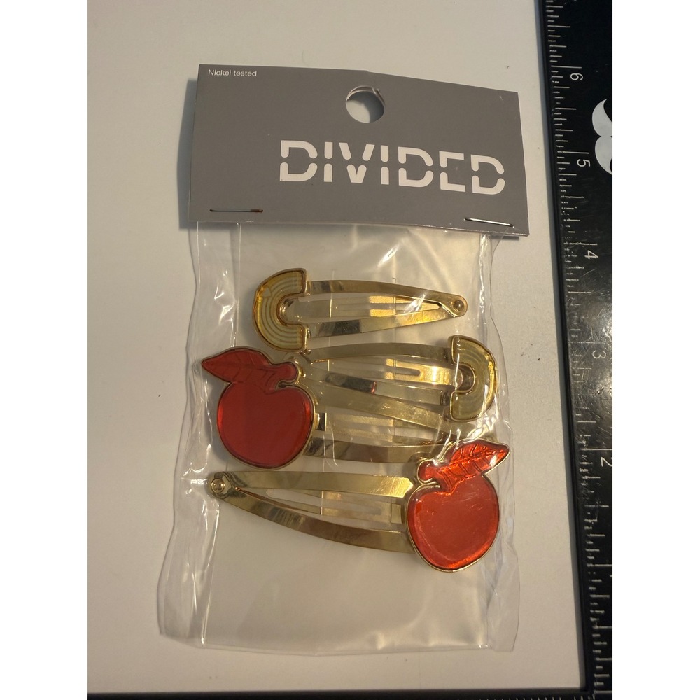 H&M Divided Gold Tone Apple Rainbow Snap Hair Clips Barrettes 4 Pack NWT
